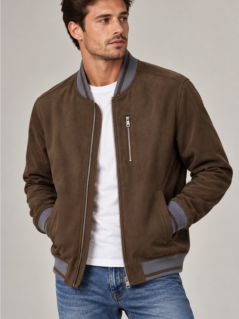 Ben Sherman Brown Suede Bomber Jacket with Gray Trim